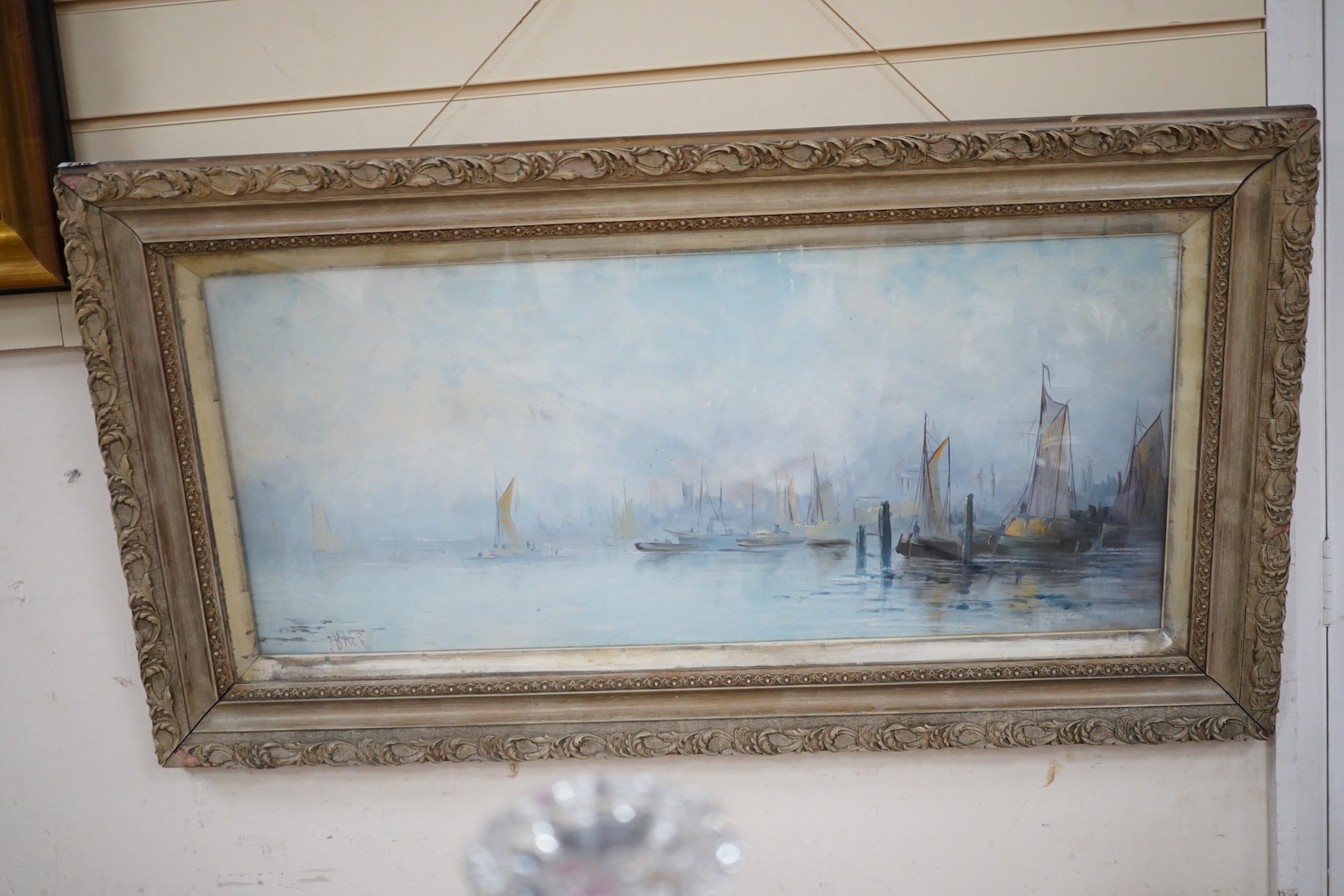 John Bale (19th. C), oil on card, Riverscape with boats, signed, 36 x 78cm, ornately framed. Condition - good